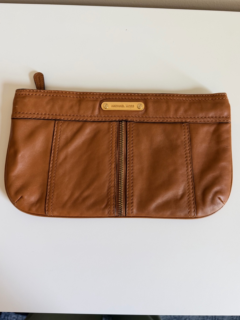 Michael Kors Cognac Leather Zip-Front Clutch